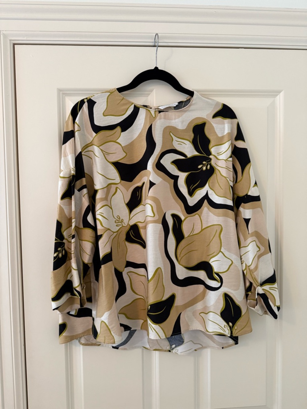 Zara Floral-Print Long Sleeve Blouse in Beige, Black, White